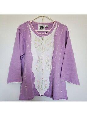STORYBOOK KNITS SWEATER 'ROSEBUDS' HAND LOOMED PURPLE FLORAL DESIGN ( L )
